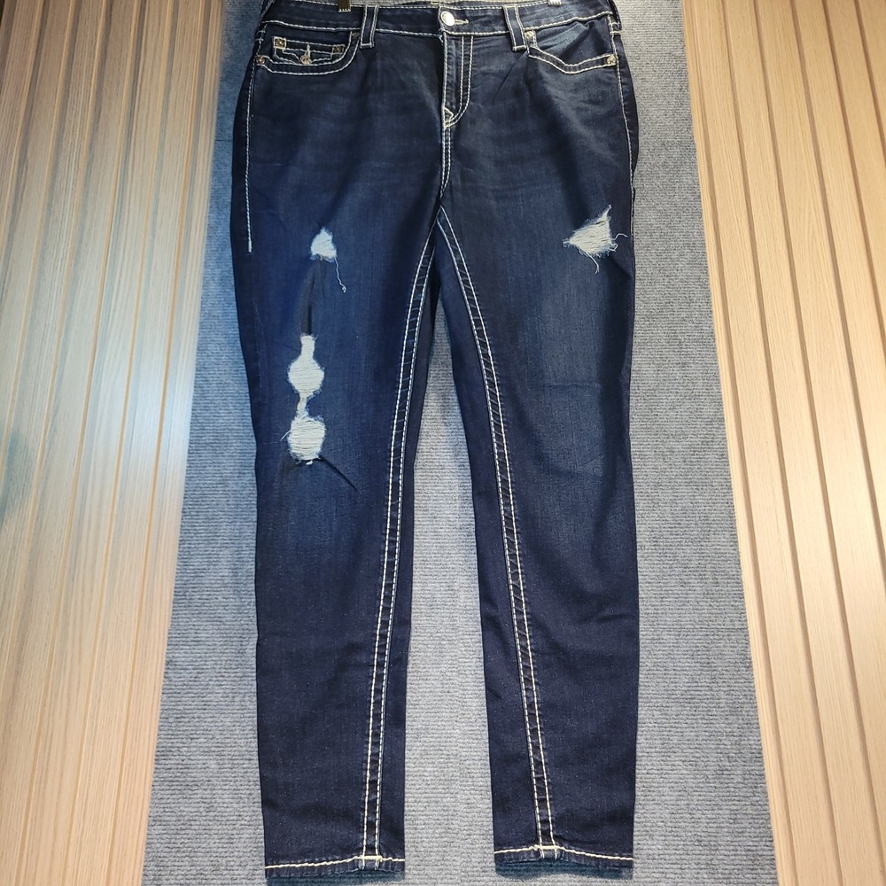 True Religion Jennie Curvy Jeans Women 36 Blue Good Distressed Skinny Stitch